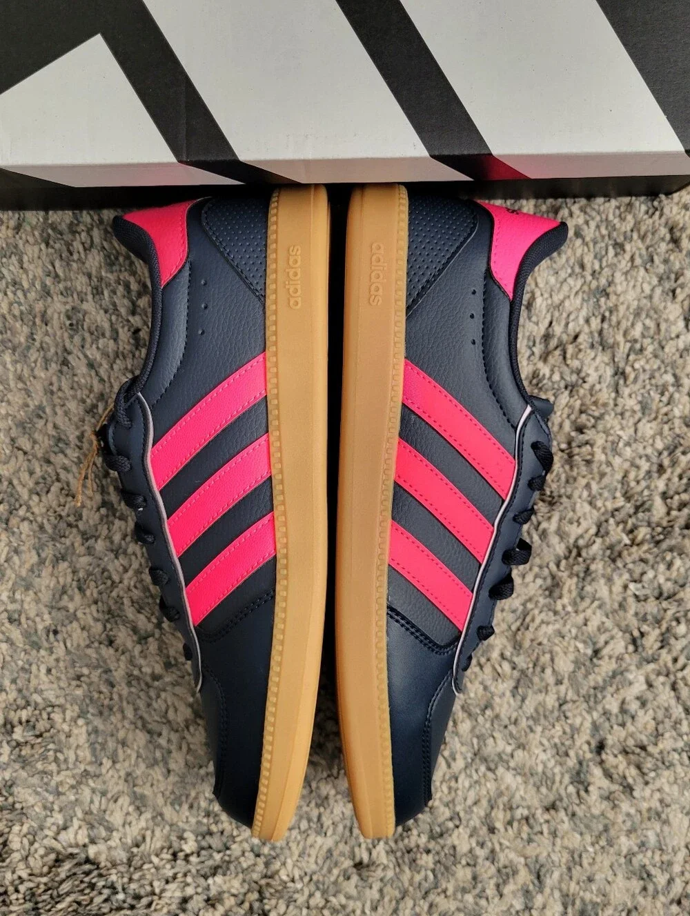 Adidas Navy Blue Sneakers with Pink Stripes and Gum Sole Size:7